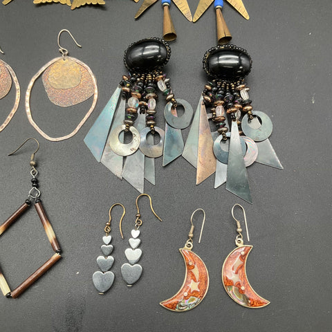 Boho Eclectic Artisan Earring Lot 14 Pairs Moon Skeleton Leaf Geometric Styles