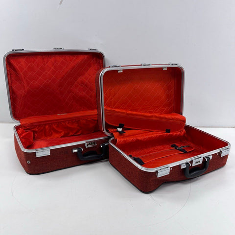Vintage Skyway Red Tweed Wheeled Nesting Suitcase Luggage Set Lot of 2