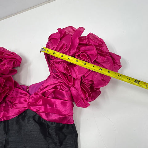 Vintage 80s Cattiva Ruffle Poof Sleeve Prom Party Dress Taffeta Pink Black Sz 10