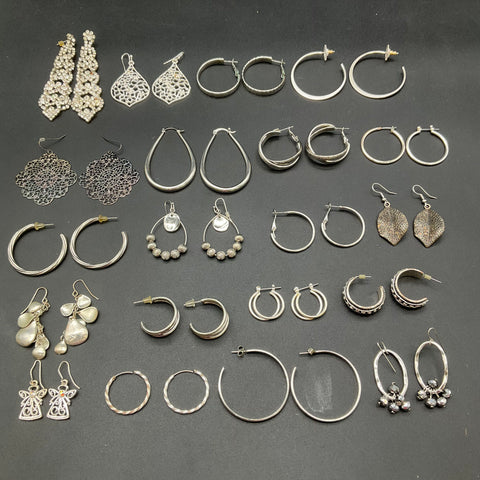 Vintage and Modern Silver Tone Jewelry Earring Lot 25 Pairs Hoops Dangles