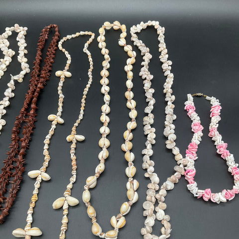 Natural Shell & Seed Boho Beach Necklace Lot of 7 Puka Cowrie Hawaiian Style