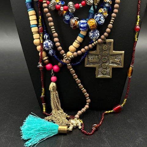 Eclectic Bohemian Beaded Necklace Jewelry Lot Wood Glass Ethnic Tribal 12pc