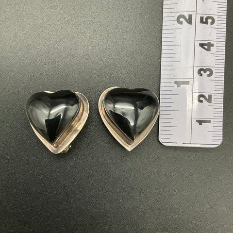 925 Mexican Sterling Silver Black Onyx Heart Clip On Earrings Taxco TS-79