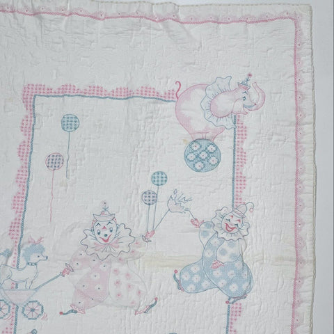 Vintage Hand Embroidered Baby Quilt Stamped Clown Circus Crib Blanket Pink Blue