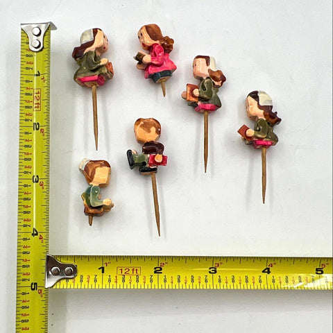 Vintage Japanese Hand Painted Carved Wood Candle Holder Picks Lot 6 pieces