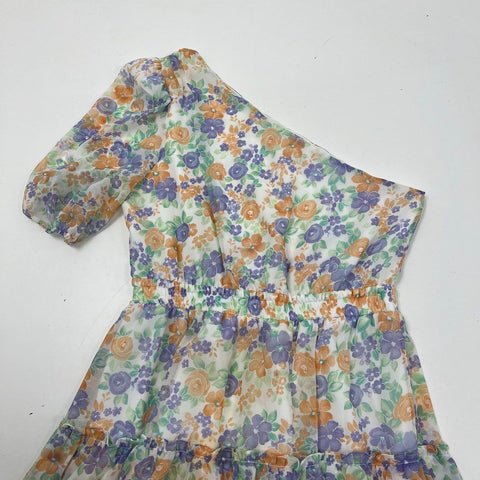 WAYF Women's Dress Ivory Floral NWT One Shoulder Puff Sleeve Tiered Sz L