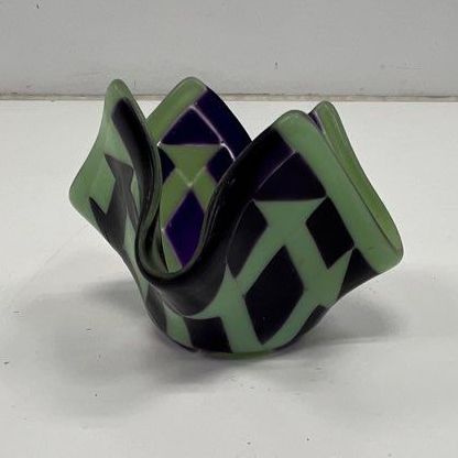 Art Glass Handkerchief Vase Green Purple Geometric Harlequin Pattern 4.5"