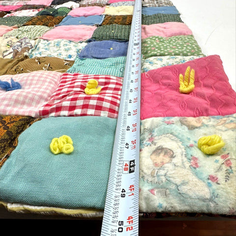 Vintage Scrappy Patchwork Puff Quilt Hand Tied Biscuit Blanket 50x58 Novelty