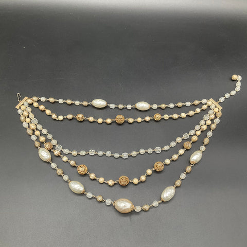 Vintage Kramer Gold Tone Multi-Strand Faux Baroque Pearl Glass Bead Necklace