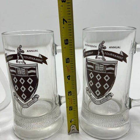 Vintage 1970 Quincy College Holiday Tournament Glass Beer Mugs Set of 4