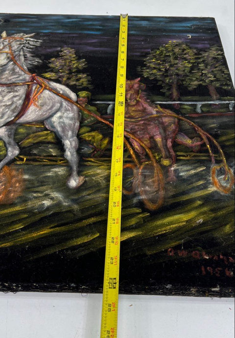 Signed 1956 Mid Century Oil on Velvet Painting Harness Racing Horses 20x24