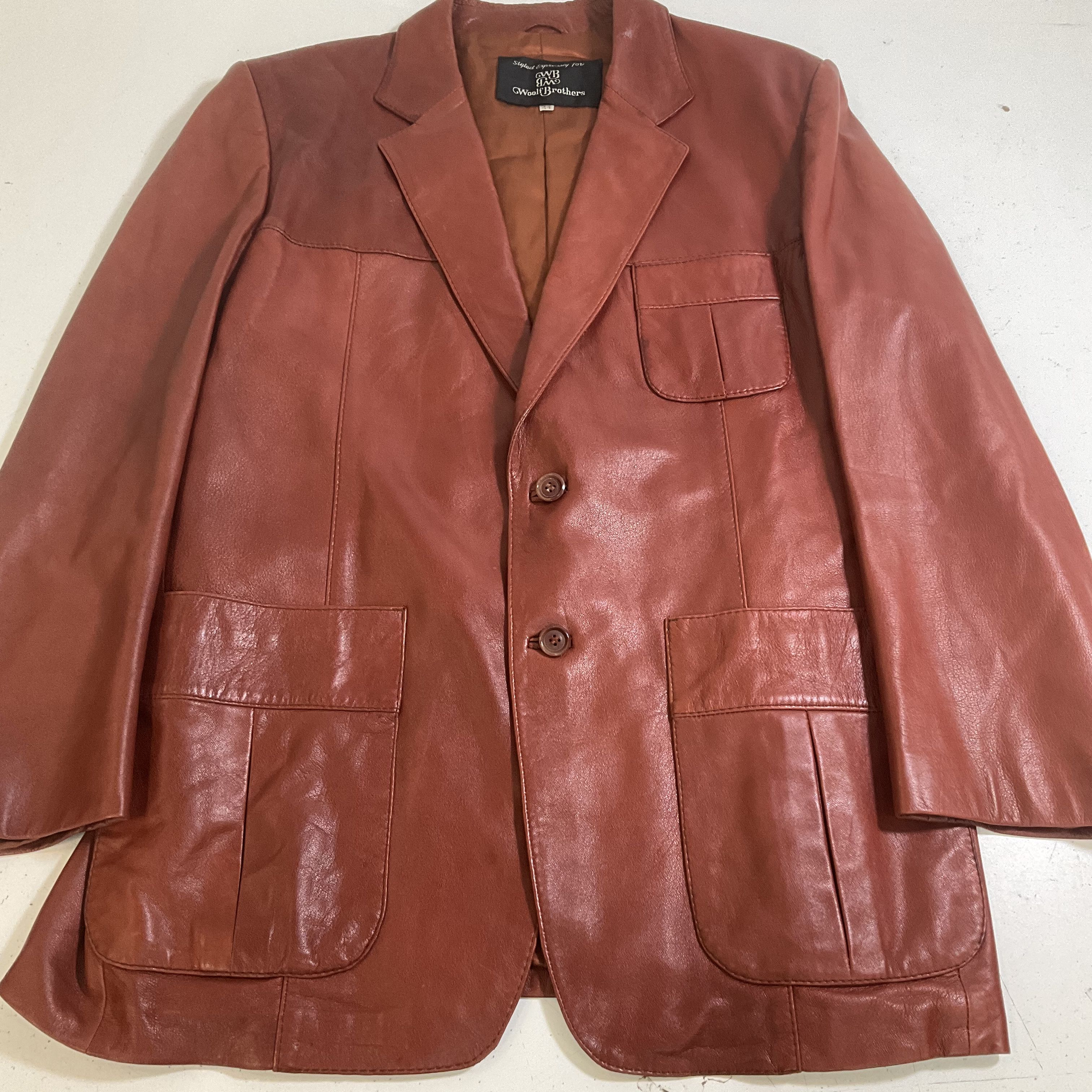 Vintage 70s Woolf Brothers Brown Leather Blazer Sport Coat Jacket Mens Size 44