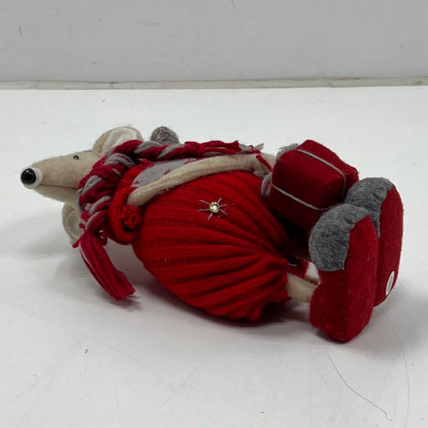 Christmas Rat Figurine Felt Fabric Holiday Decor 10 Inch Red Knitted Outfit