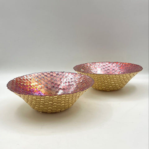 Italian Art Glass Bowl Set 2 Iridescent Pink Red Gold Pebble Texture Vintage