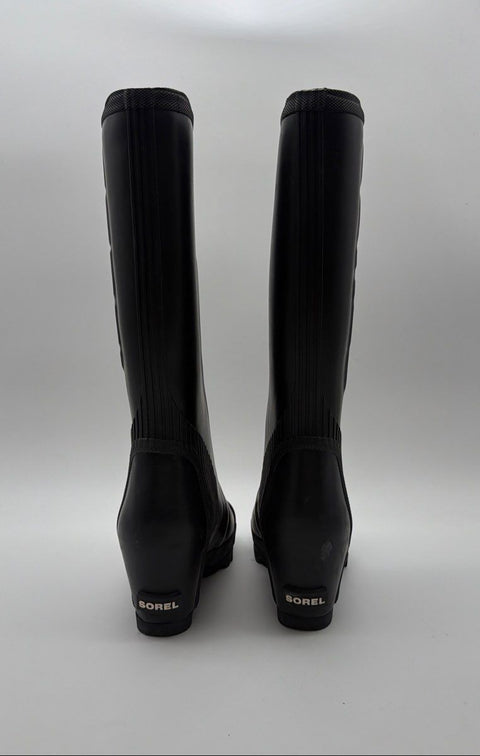 Sorel Joan of Arctic Wedge Black Rubber Rain Boots Women's Size 8.5