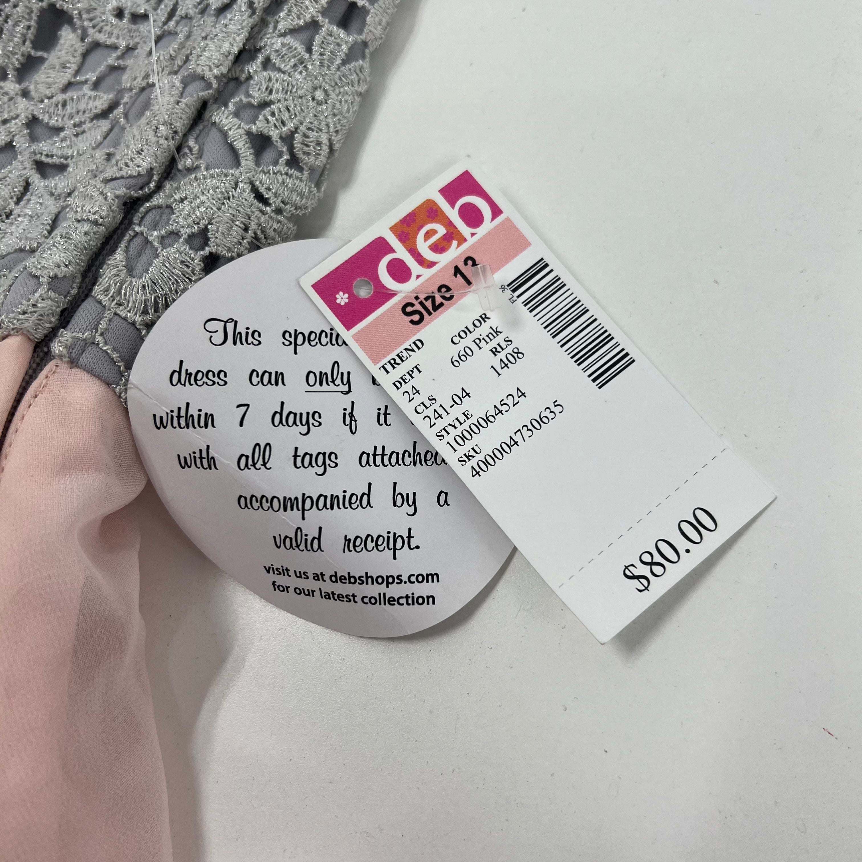 NWT Deb Y2K Pink Gray Formal Dress Short A-Line Juniors 13 Metallic Lace Bodice