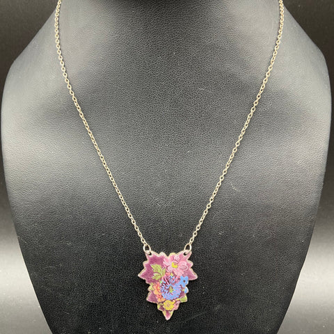 Antique Vintage Guilloche Enamel Floral Necklace 66% Silver Pendant 18"
