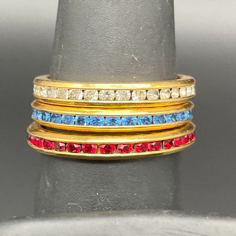 Vintage Avon Signed Gold Tone Rhinestone Stacking Ring Set Red White Blue 9