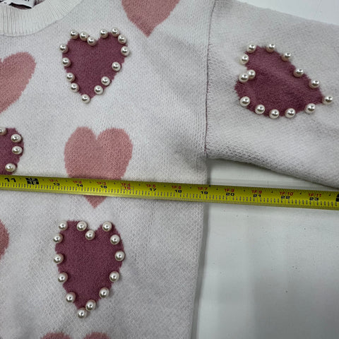 English Factory White Pink Heart Print Faux Pearl Knit Sweater Women's M