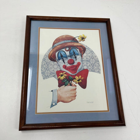 Vintage 80s Tom Wood Sad Clown with Flower Framed Art Print Wall Decor