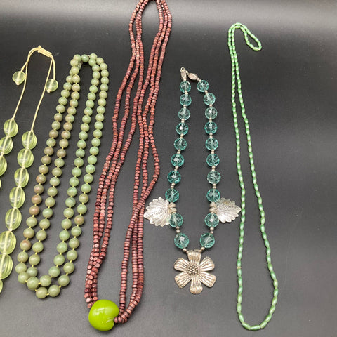 Mixed Costume Jewelry Lot 7 Fashion Necklaces Vintage to Modern Green Tones