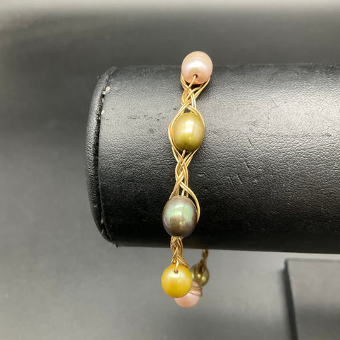 Kula Kala Gold Filled Multi-Color Pearl Wire Wrapped Braid Bracelet 7.25"