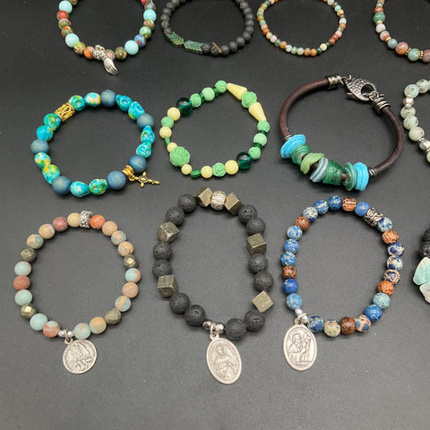 Religious Beaded Natural Stone Bracelet Lot of 19 Saint Medals Lava Rock Om