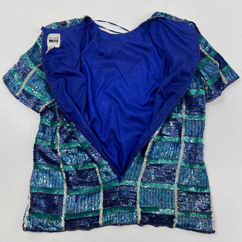 Vintage 90s Leslie Fay Women's Blue Silk Sequin Beaded Striped Evening Top Sz XL