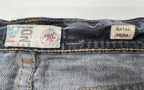 MEK Men's Natal Bootcut Jeans Dark Wash Thick Stitch Distressed Sz 38x34