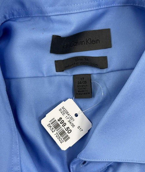 Calvin Klein Slim Fit Infinite Non-Iron Blue Dress Shirt Sz 17 34/35