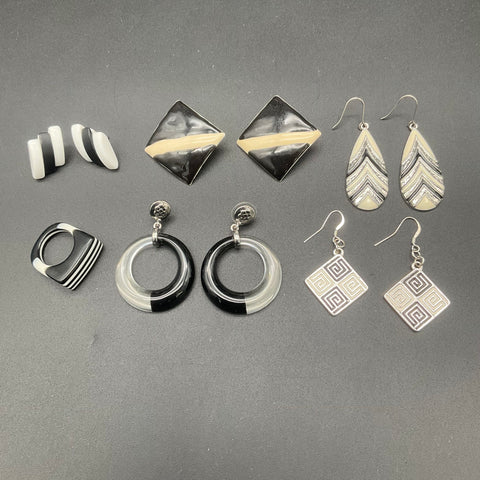 Vintage & Modern Black & White Costume Jewelry Lot of 16 Necklaces Earrings