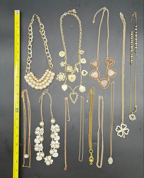 12pc Fashion Jewelry Necklace Lot Gold Tone Faux Pearl Rhinestone Costume 0.5lb
