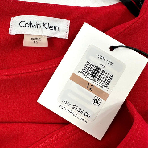 Calvin Klein Women's Red Bell Sleeve Sheath Dress Zip Back Sz 12 NWT