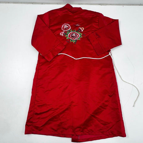 Vintage 90s Korean Red Satin Embroidered Floral Robe Dressing Gown Sz L