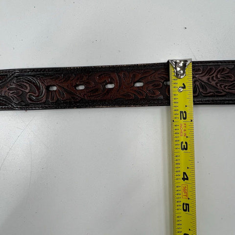 3D Belt Co Brown Hand Tooled Leather Beaded Western Belt Silver Buckle Sz 38
