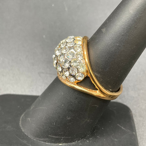 Vintage Style 18K HGE Gold Tone Pav Clear Rhinestone Dome Ring Size 7