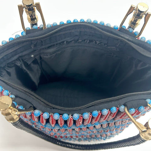 Red Blue White Geometric Beaded Tote Bag Black Braided Handles