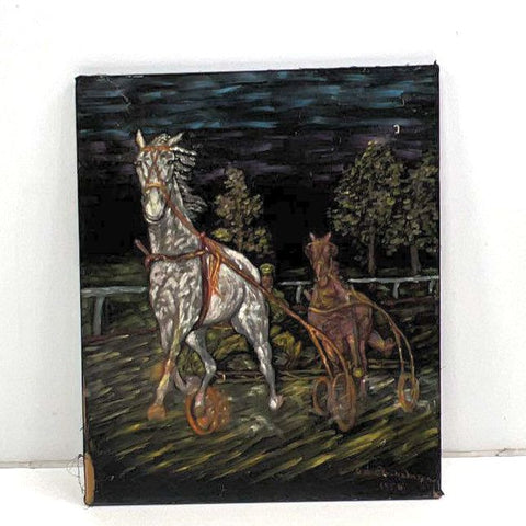 Signed 1956 Mid Century Oil on Velvet Painting Harness Racing Horses 20x24