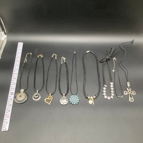 Fashion Costume Jewelry Lot 9 Necklaces Mixed Cord Leather Tone Cross Heart