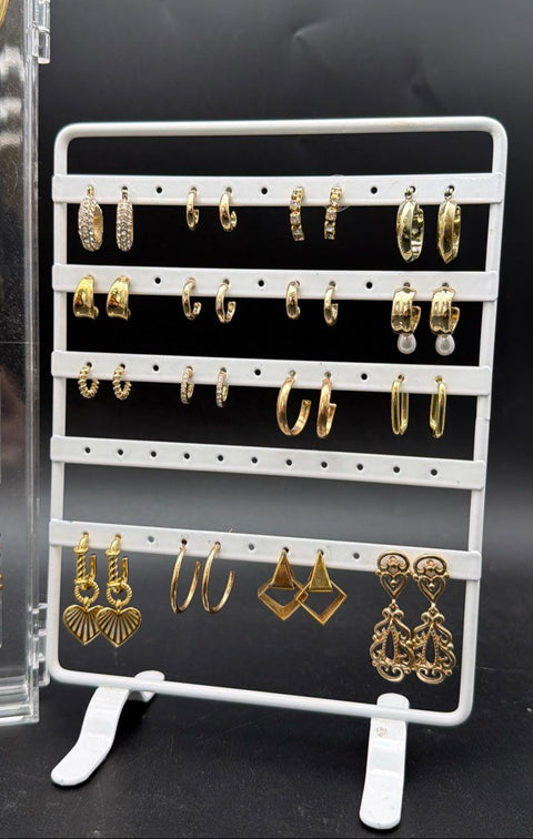 Gold Tone Costume Jewelry Lot 32 Pairs Fashion Earrings Hoops Studs Dangles