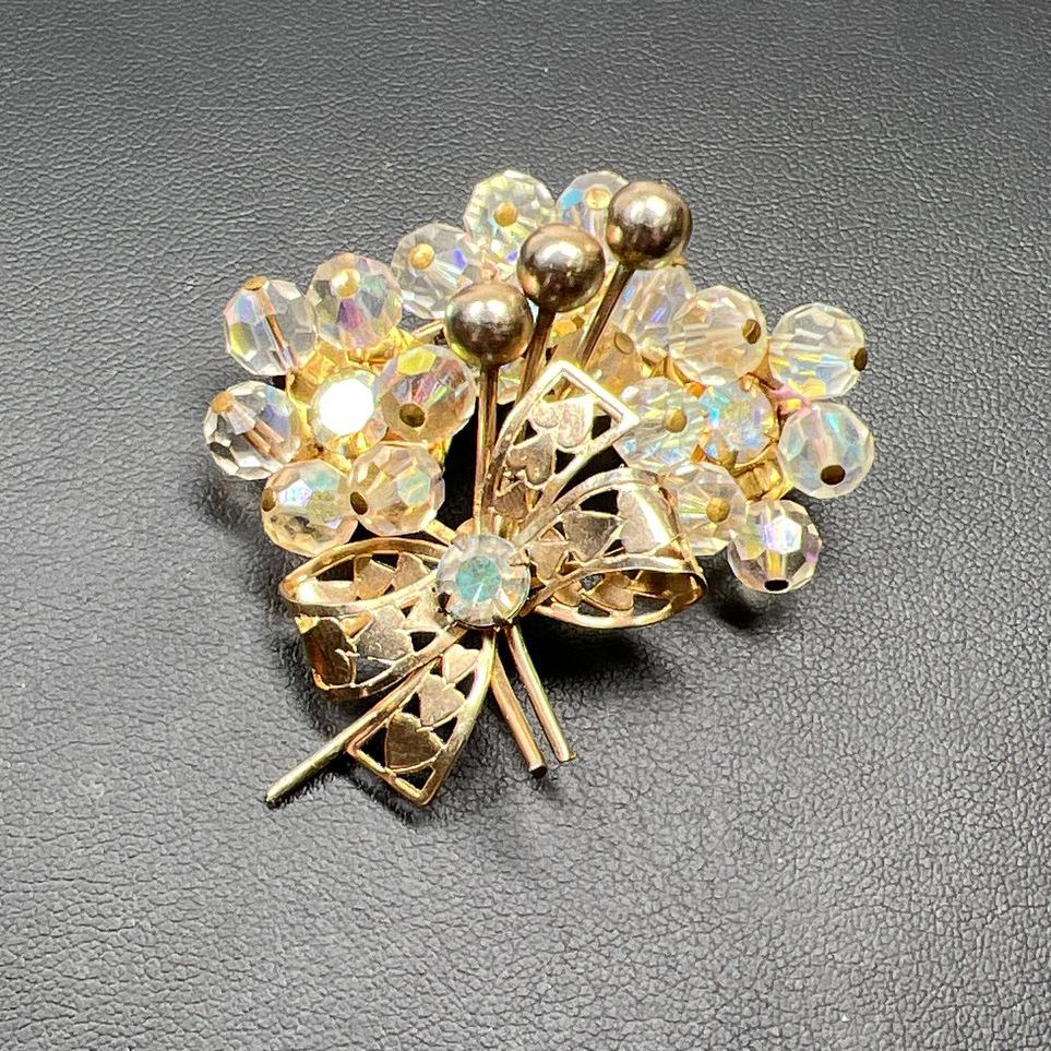Vintage Aurora Borealis Crystal Bead Bouquet & Bow Gold Tone Brooch