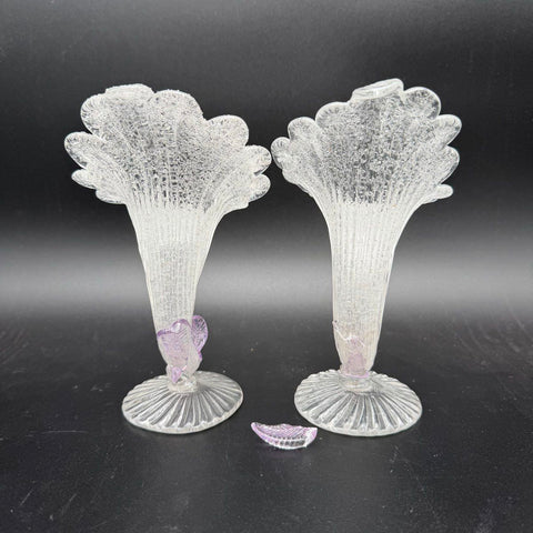 Antique Art Glass Vase Set of 2 Crackle Ice Texture Purple Leaf Accent C.1900