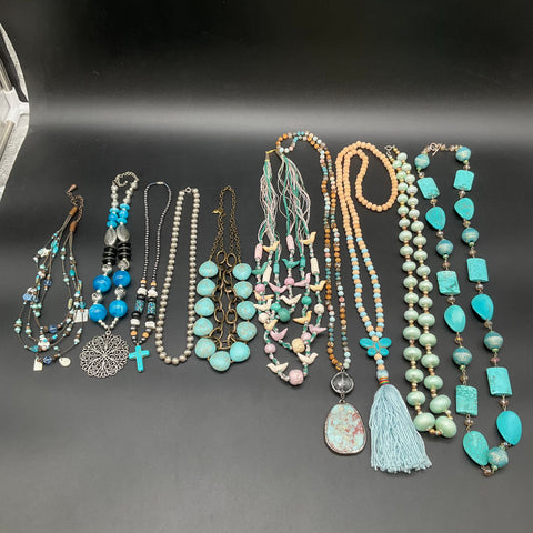 Boho Southwestern Fashion Jewelry Lot 10 Necklaces Faux Turquoise Beaded Tassel