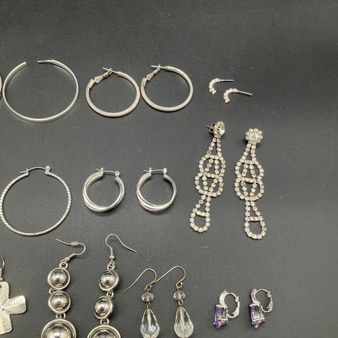 Silver Tone Rhinestone Hoop Dangle Jewelry Lot of 21 Pairs Earrings