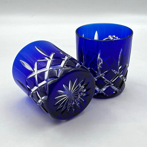 US Open Cobalt Blue Cut Glass Old Fashioned Rocks Glasses Pair Vintage