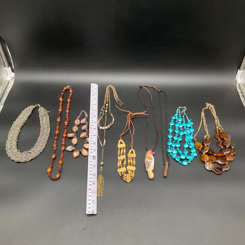 Bohemian Eclectic Costume Jewelry Lot of 9 Necklaces Shell Wood Beaded Tassel