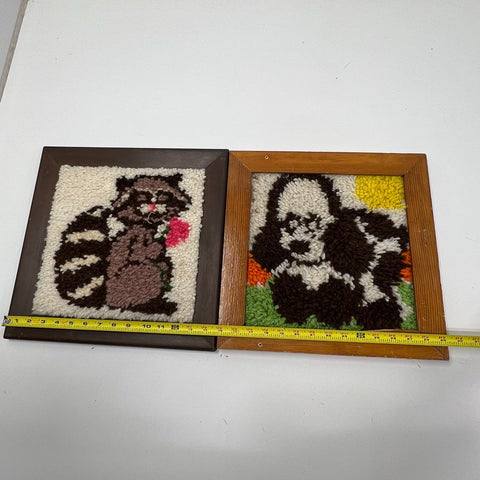 Vintage 70s Latch Hook Framed Wall Art Lot Raccoon & Panda Bear Folk Art