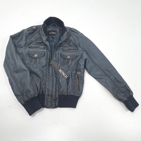 NWT XOXO Blue Gray Faux Leather Moto Cropped Bomber Jacket Juniors L