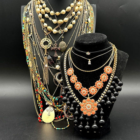 Vintage to Modern Gold Tone Costume Jewelry Lot Statement Necklaces Beaded Boho