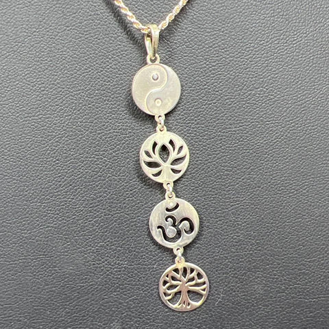 Sterling Silver Lotus Yin Yang Om Tree of Life Dangle Pendant Necklace 5.16g
